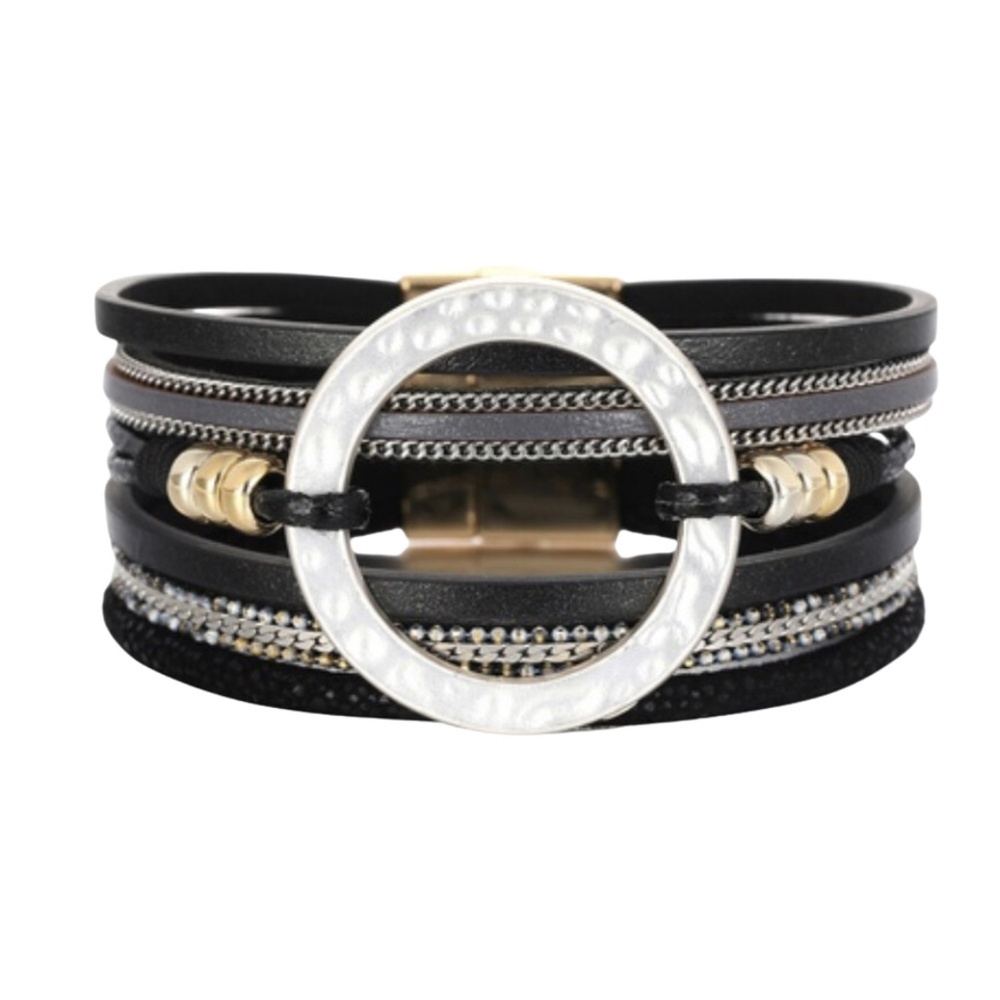 NWT Black & Silver Leather Bracelet with Statement Ring